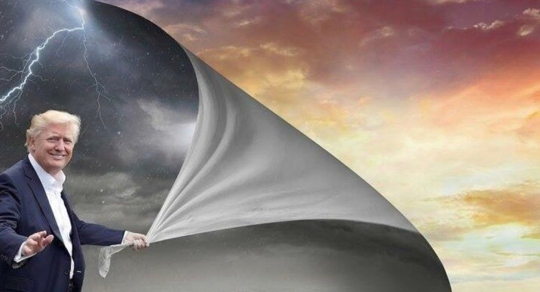 Meme photo, Donald Trump pulls back the clouds to reveal a bright new day